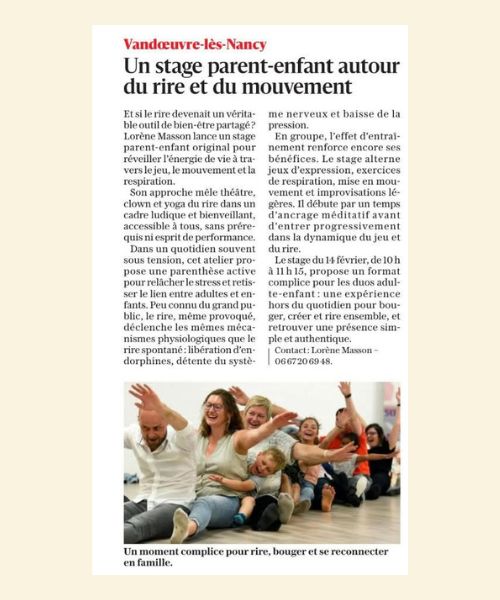 yoga du rire-est républicain-journal-parution-Lorène Masson-vandœuvre-parents-enfants